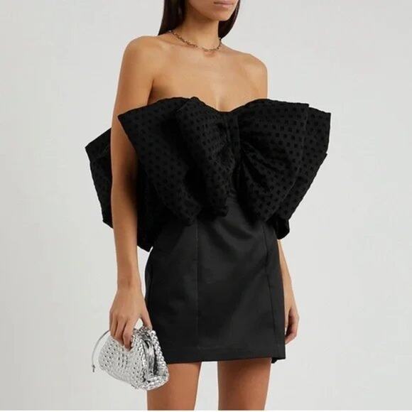 ROTATE BIRGER CHRISTENSEN Natalie Satin Mini Dress With Flocked Bow Minidress - Picture 1 of 16